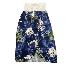 Tropical Floral Maxi Skirt With Ruched Waistband & Drawstring 2XL  Blue & White